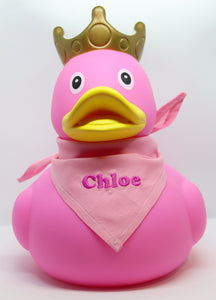 Pink XXL 25cm Rubber Duck with Crown and Embroidered Bandana - Vinyl Personalised